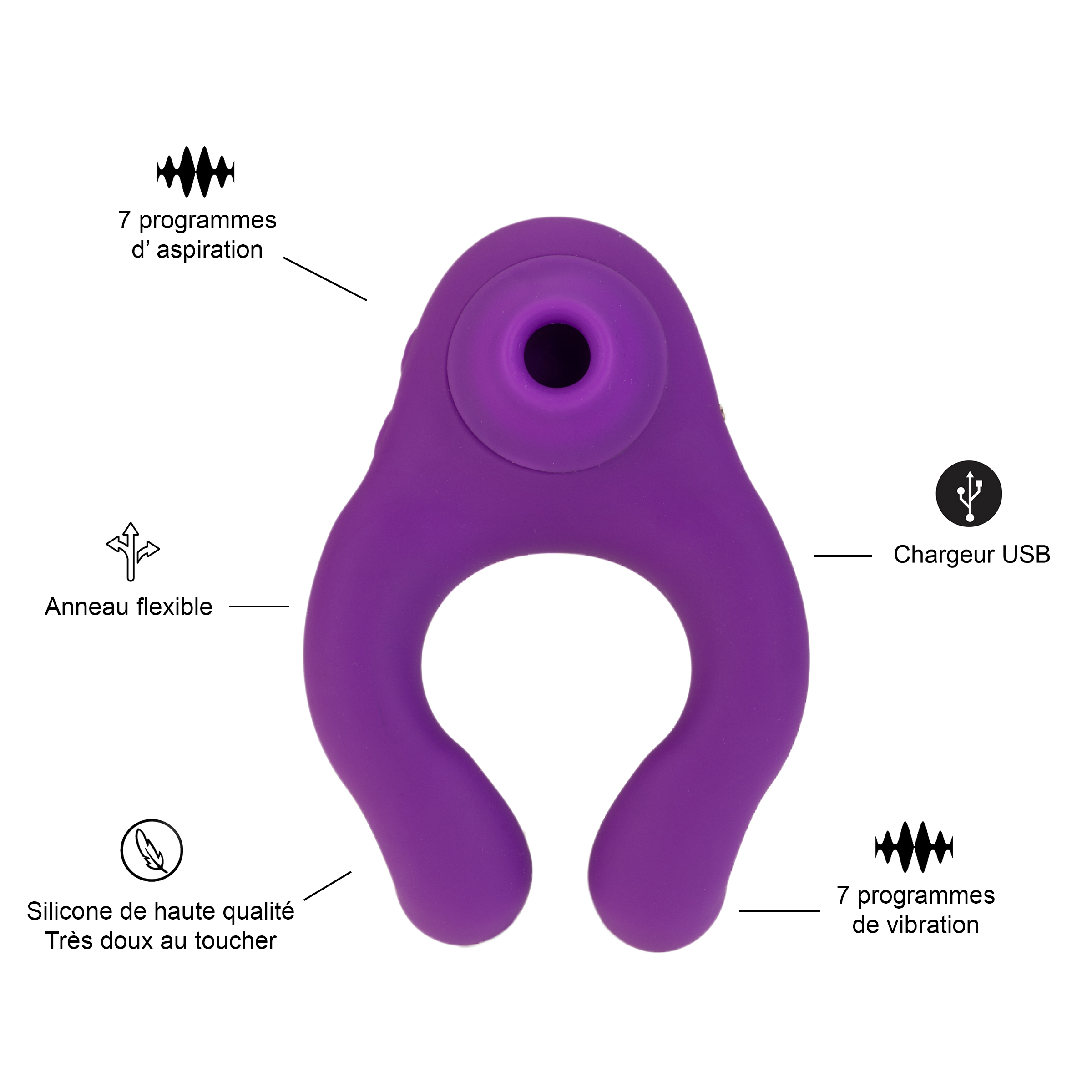 Estimulador clitoriano morado con diseño único y cargador USB.