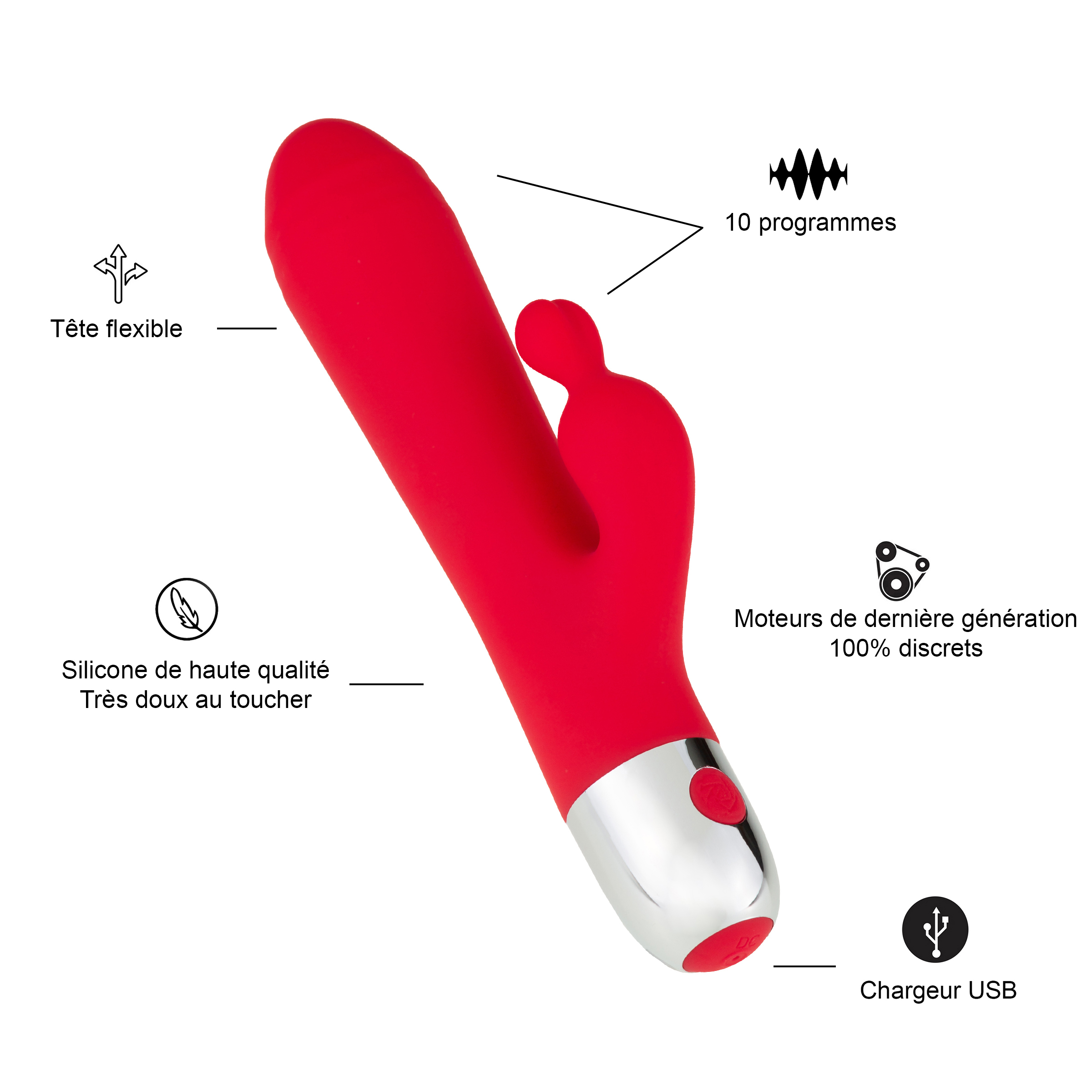 Vibrador rojo con anotaciones, incluyendo '10 programas' y 'silicona de alta calidad'.