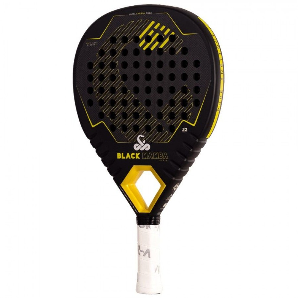 Raqueta de pádel Black Mamba con mango y detalles amarillos. Con rayas diagonales amarillas.