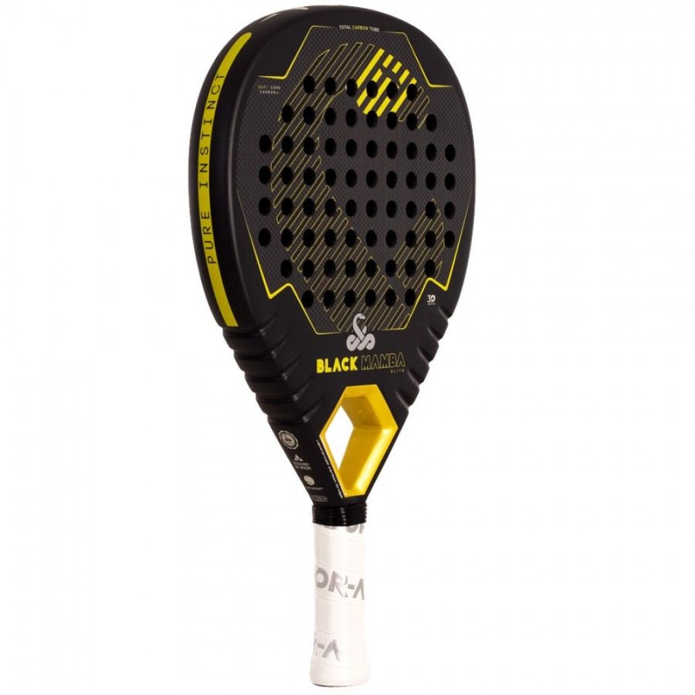 Raqueta de pádel negra y amarilla con la palabra "BLACK MAMBA" y el logo "S".