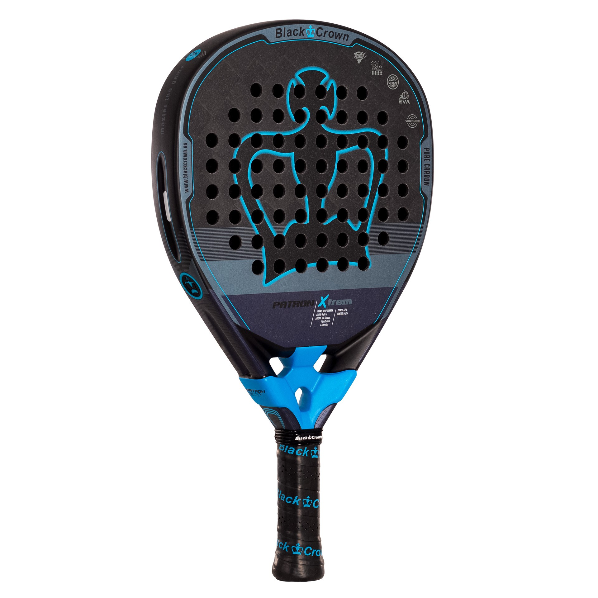 Racchetta da padel nera e blu. Presenta un design a corona blu al centro e dettagli blu sul manico.