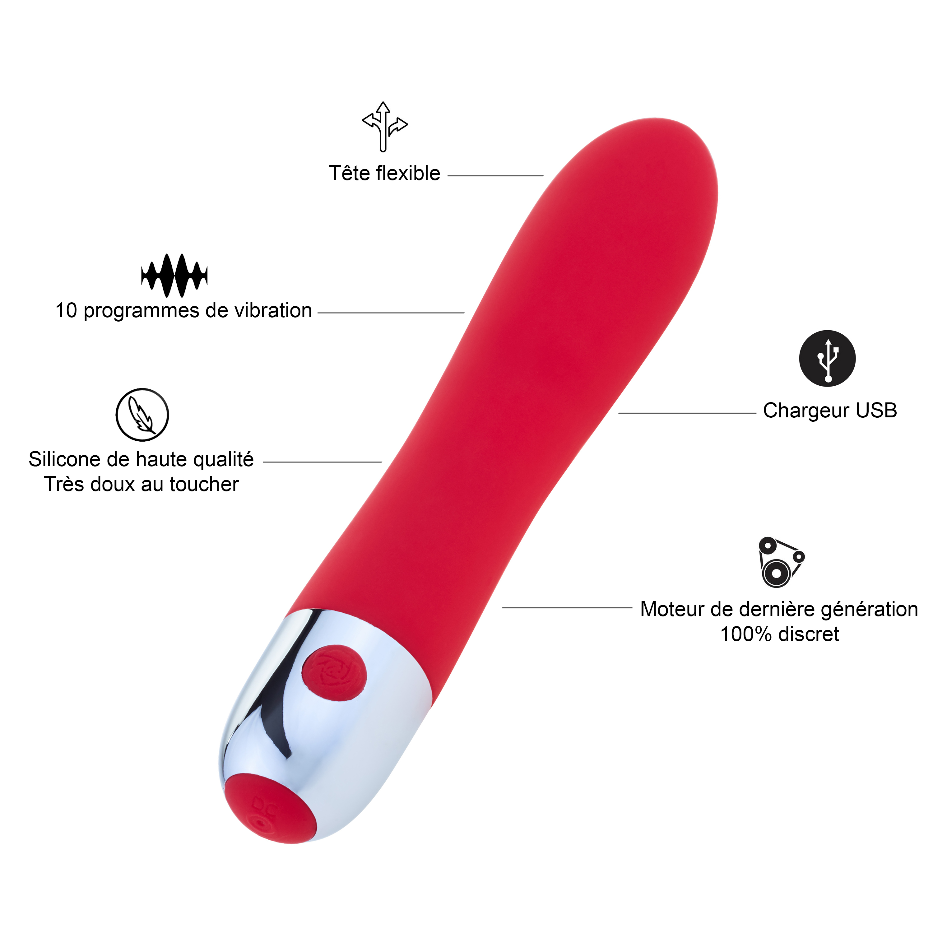 Juguete sexual rojo con cabeza redondeada y botón plateado. Hay también etiquetas en francés.