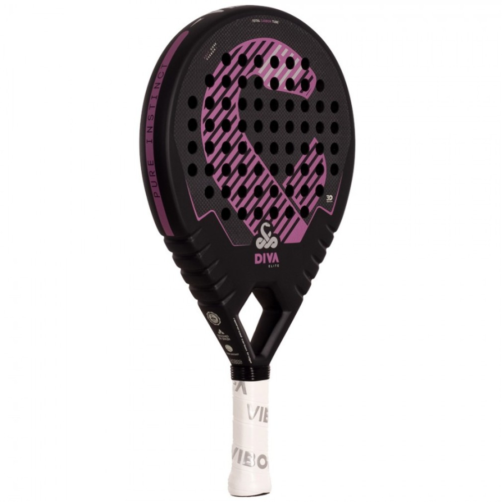 Raqueta de pádel negra con diseño rosa 'G'. Mango blanco. La marca es Diva.