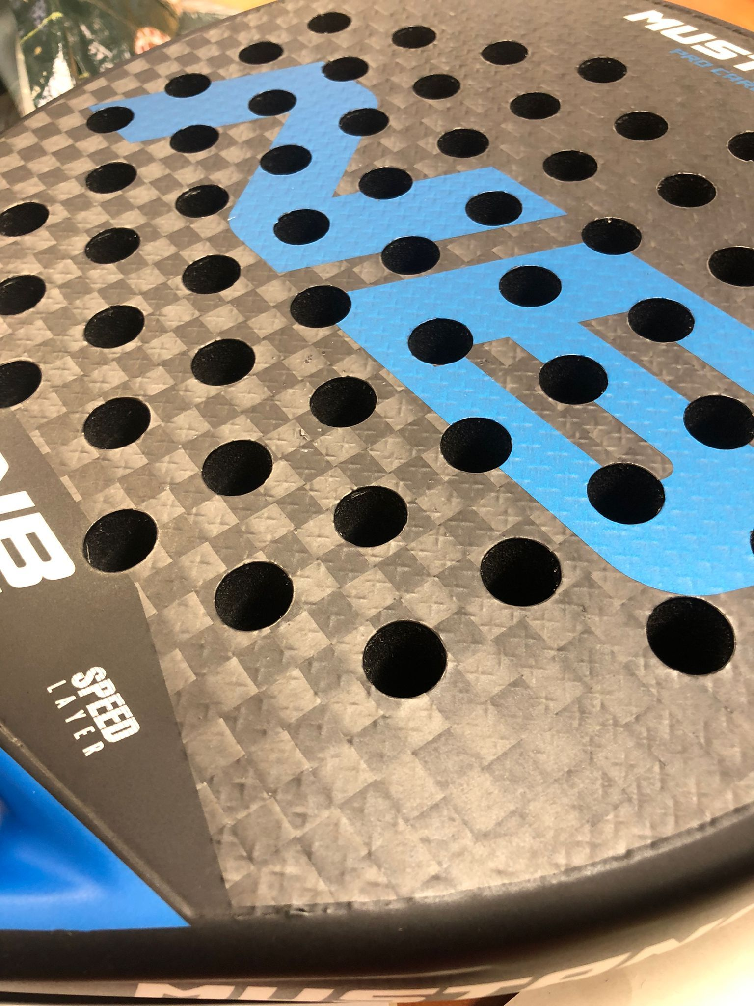 Primer plano de una raqueta de pádel negra y azul. La cabeza tiene muchos agujeros. La marca es Mustang.
