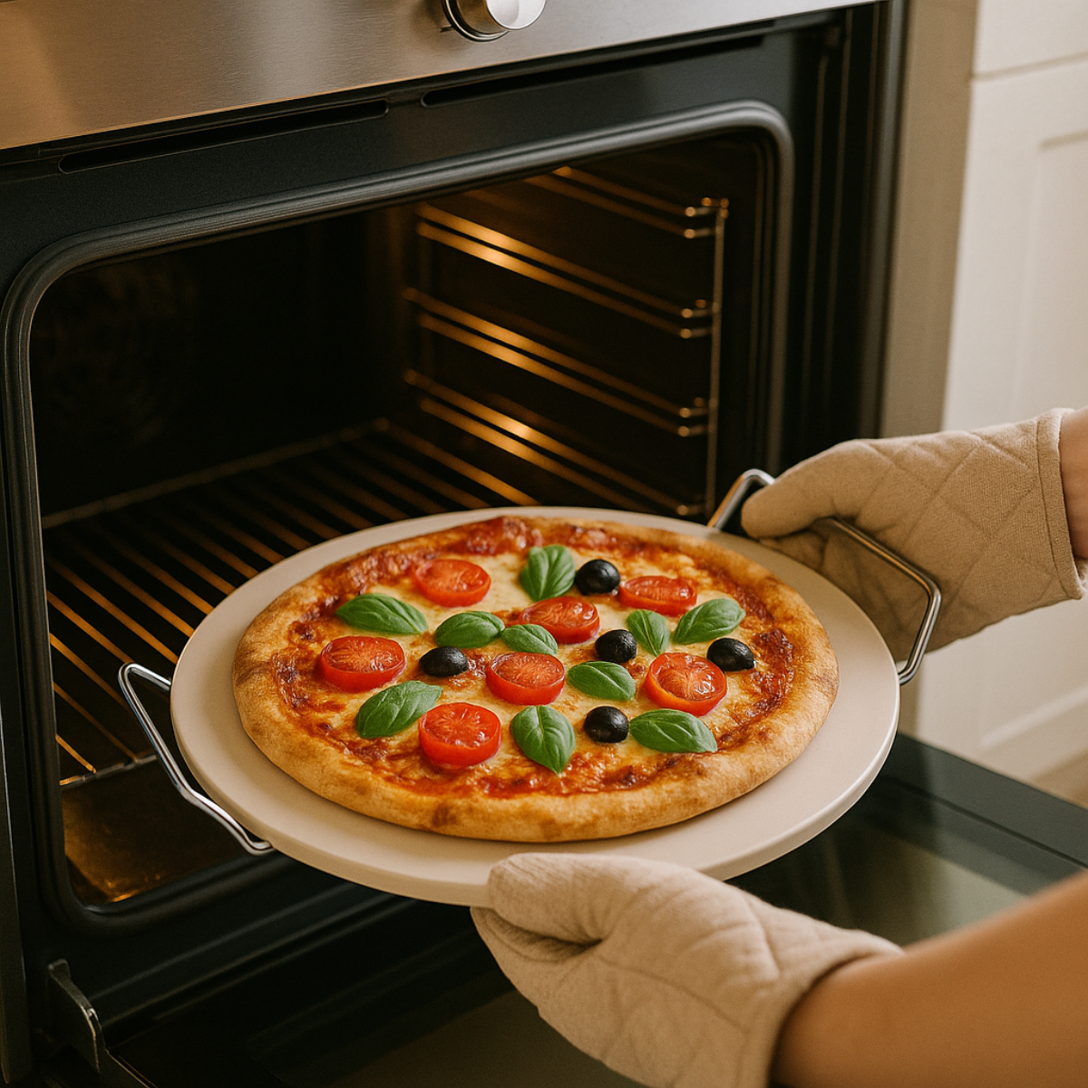 Pizza in an oven on a stone, held by oven mitts. Tomatoes, olives, basil on top.