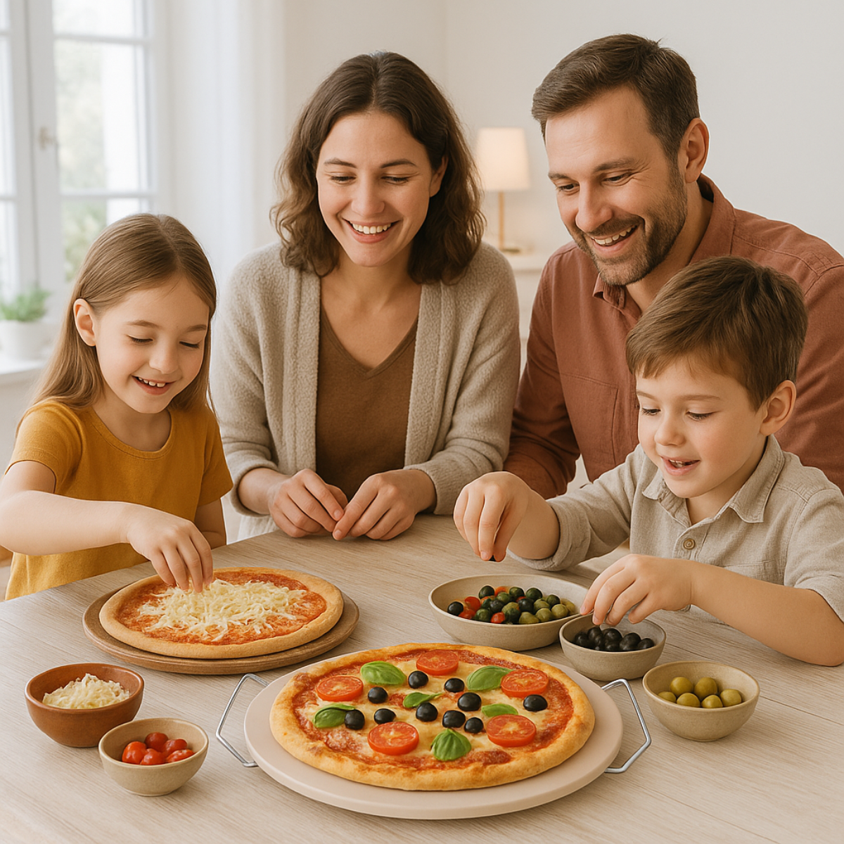 Family at table making pizzas. Pizza stones, ingredients, happy faces. Indoor setting.