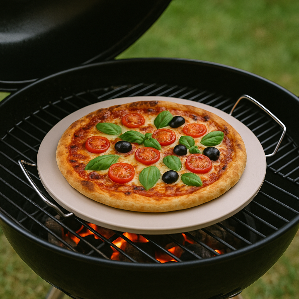 A pizza with tomatoes, olives, and basil on a ceramic plate, grilling on a charcoal grill.