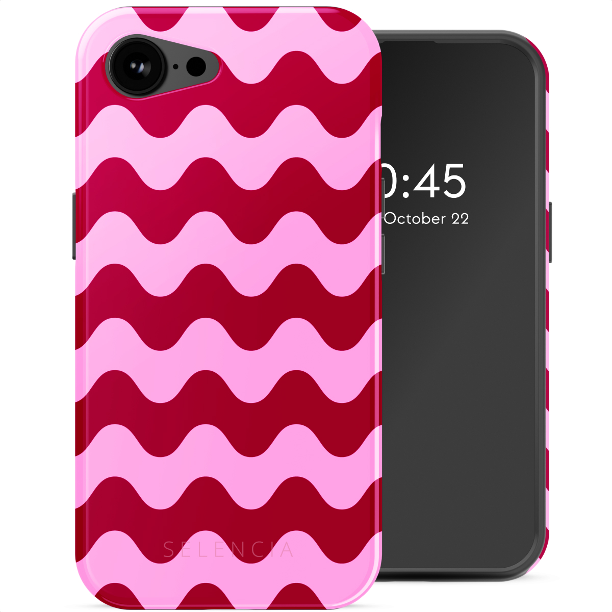 Un téléphone et une coque avec un motif de vagues roses. Le téléphone affiche l'heure et la date sur un écran noir.