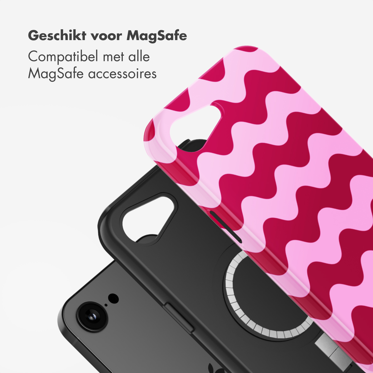Trois coques de téléphone : noire, noire avec cercle blanc et motif vagues roses. Fond blanc.