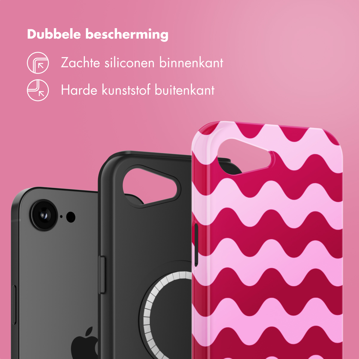 Trois coques de téléphone : noire, noire avec cercle blanc et motif vagues roses. Fond rose.