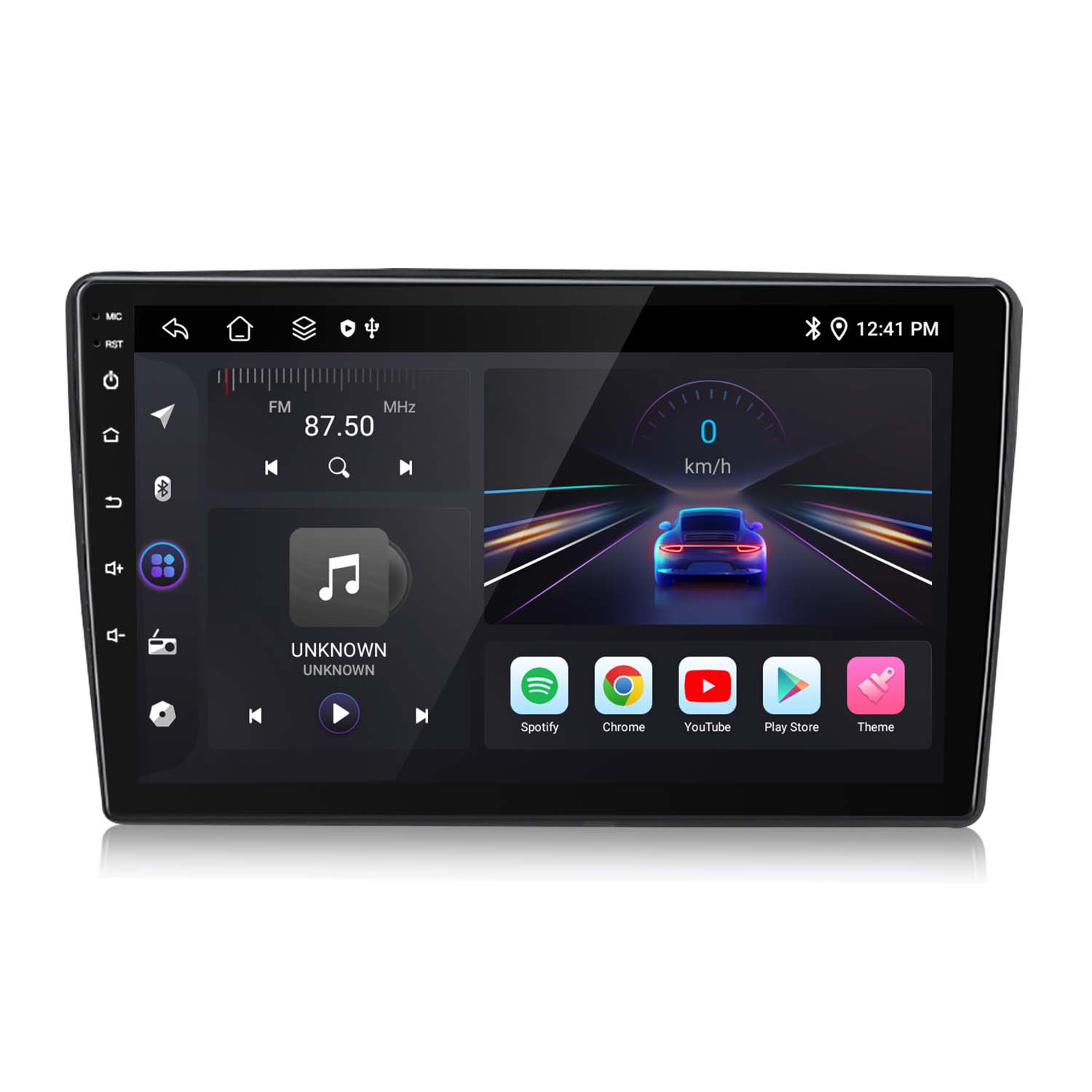 Display auto con un'interfaccia radio con una grafica del tachimetro e icone di app su uno schermo nero.