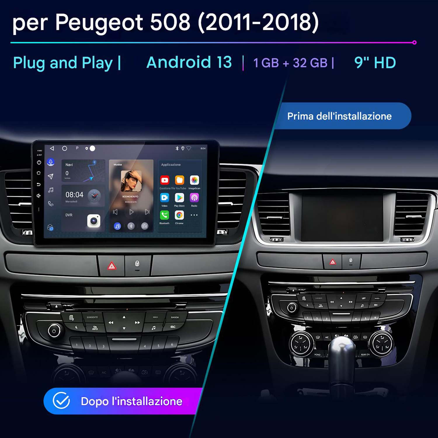 Display auto che mostra l'installazione 'prima' e 'dopo', evidenziando l'interfaccia utente e l'integrazione del cruscotto.