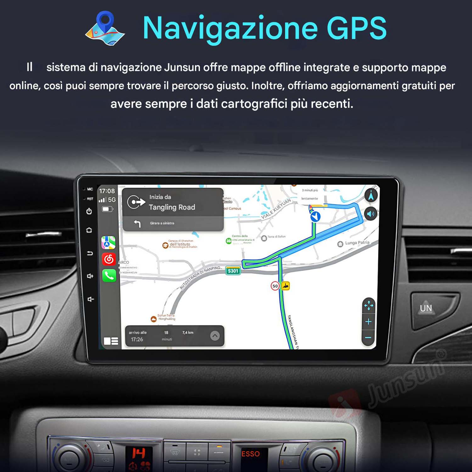 Uno schermo di navigazione per auto che mostra una mappa con istruzioni di navigazione, testo in italiano sul sistema Junsun.