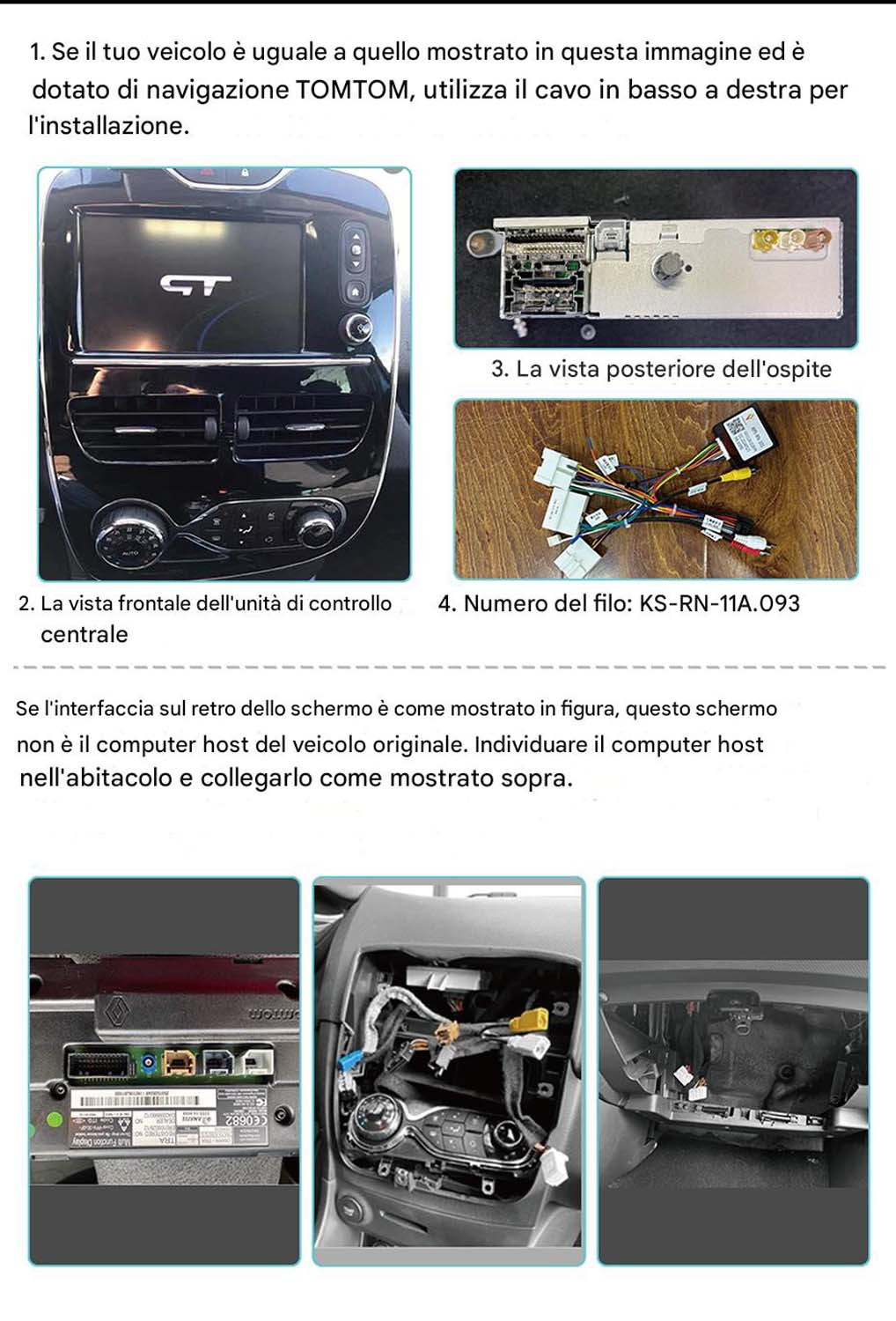 Istruzioni per l'installazione di un'autoradio, che mostrano la parte anteriore e posteriore dell'unità e i collegamenti dei cavi.