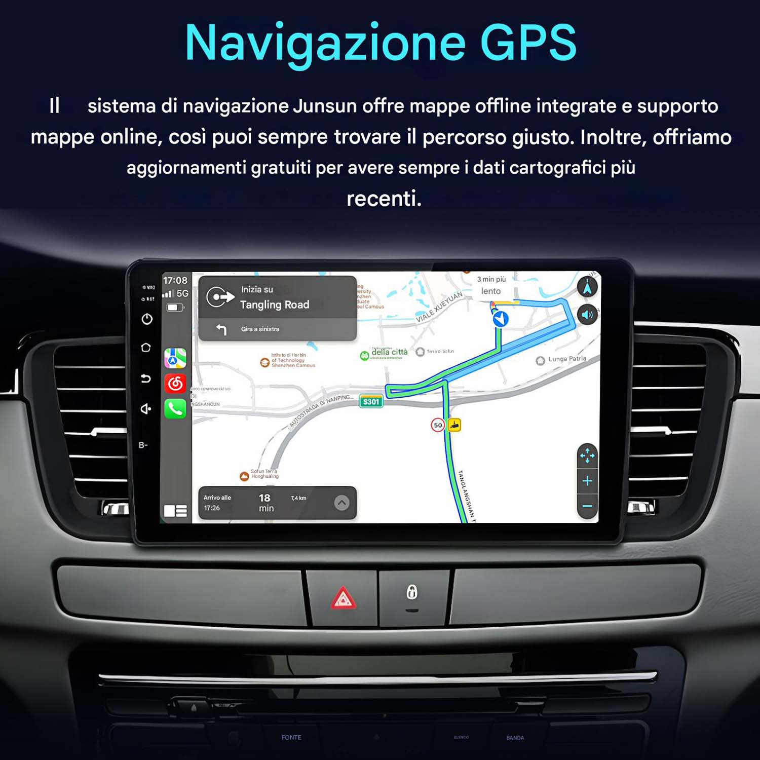 Cruscotto auto con schermo di navigazione GPS che mostra una mappa. Lo schermo mostra un percorso con un'icona auto.