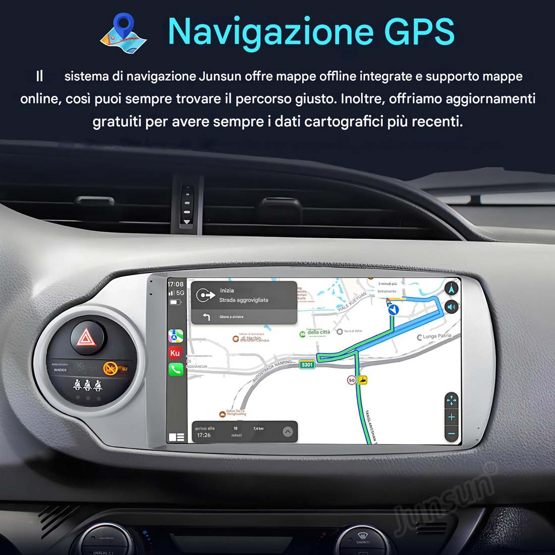 Cruscotto auto con schermo di navigazione GPS che mostra una mappa. Lo schermo mostra un percorso con un'icona auto.
