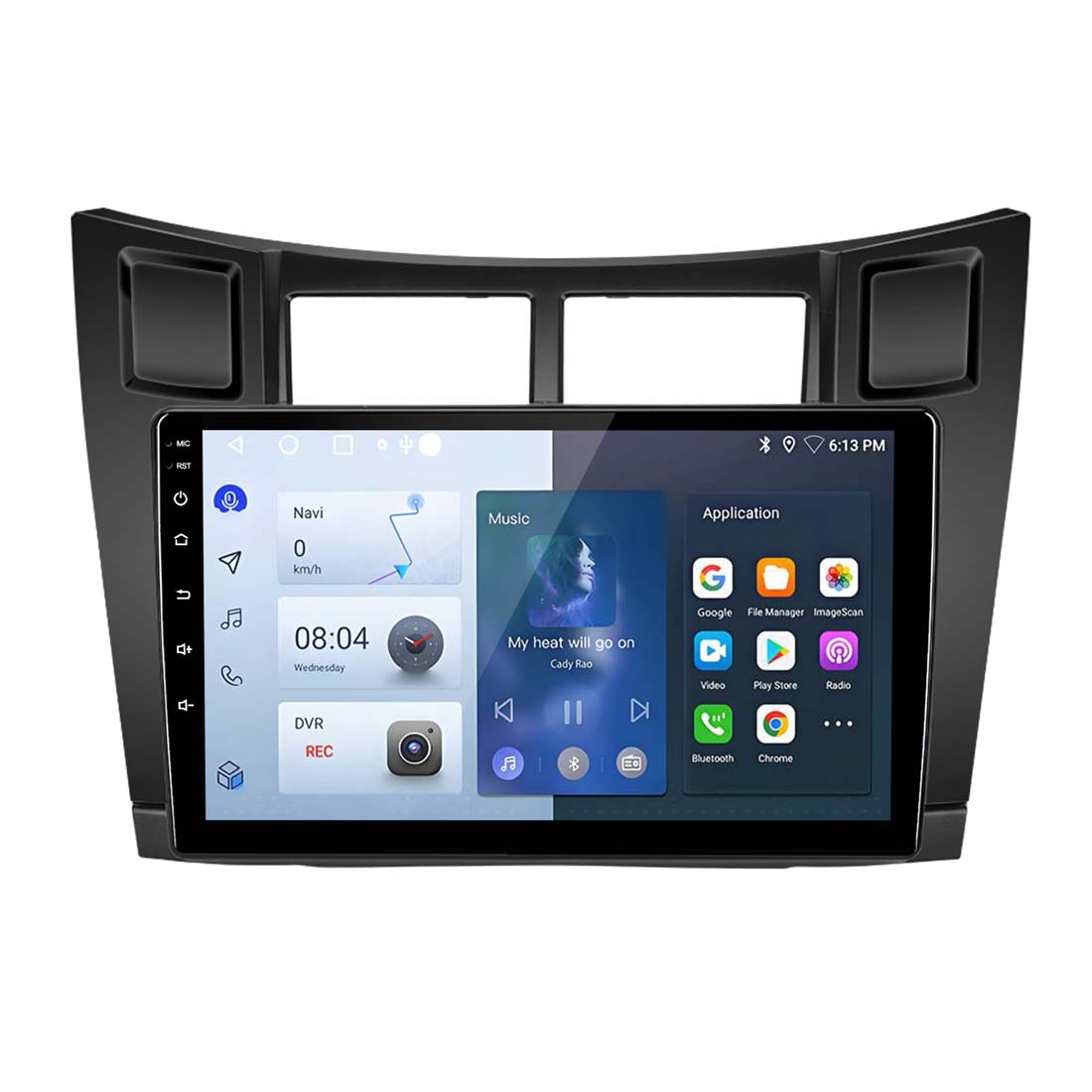 Lo schermo dell'autoradio mostra la navigazione, la musica e le icone delle app. Lo schermo è inserito in una cornice nera del cruscotto.
