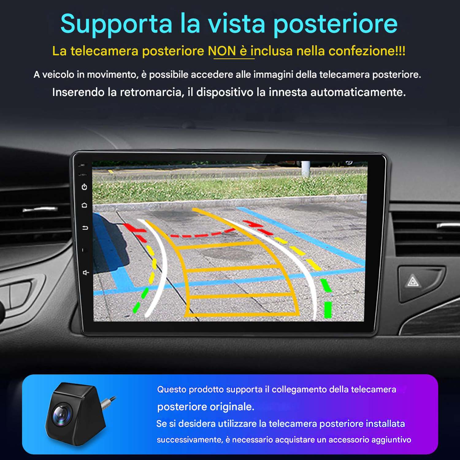 Schermo dell'auto che mostra un display della telecamera posteriore. Una telecamera è mostrata in basso a sinistra. Il testo indica che la telecamera non è inclusa.