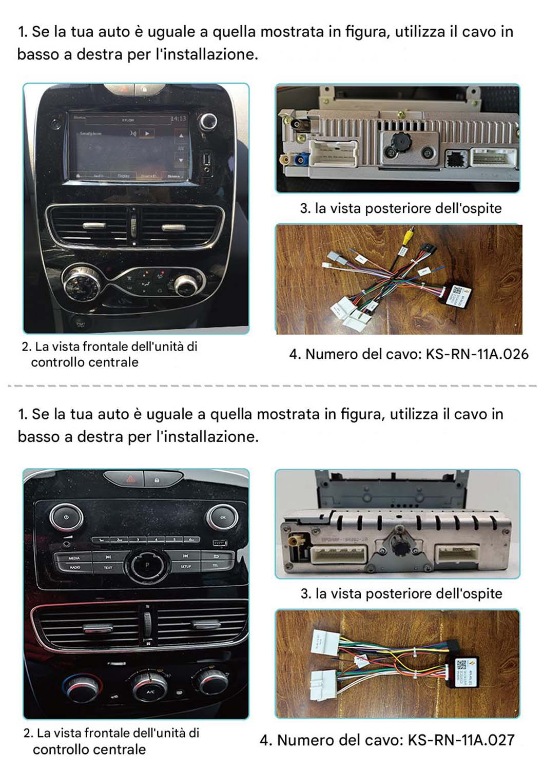 Illustrazioni di cruscotti per auto e passaggi di installazione con collegamenti via cavo. Vengono fornite istruzioni per la compatibilità del modello di auto.
