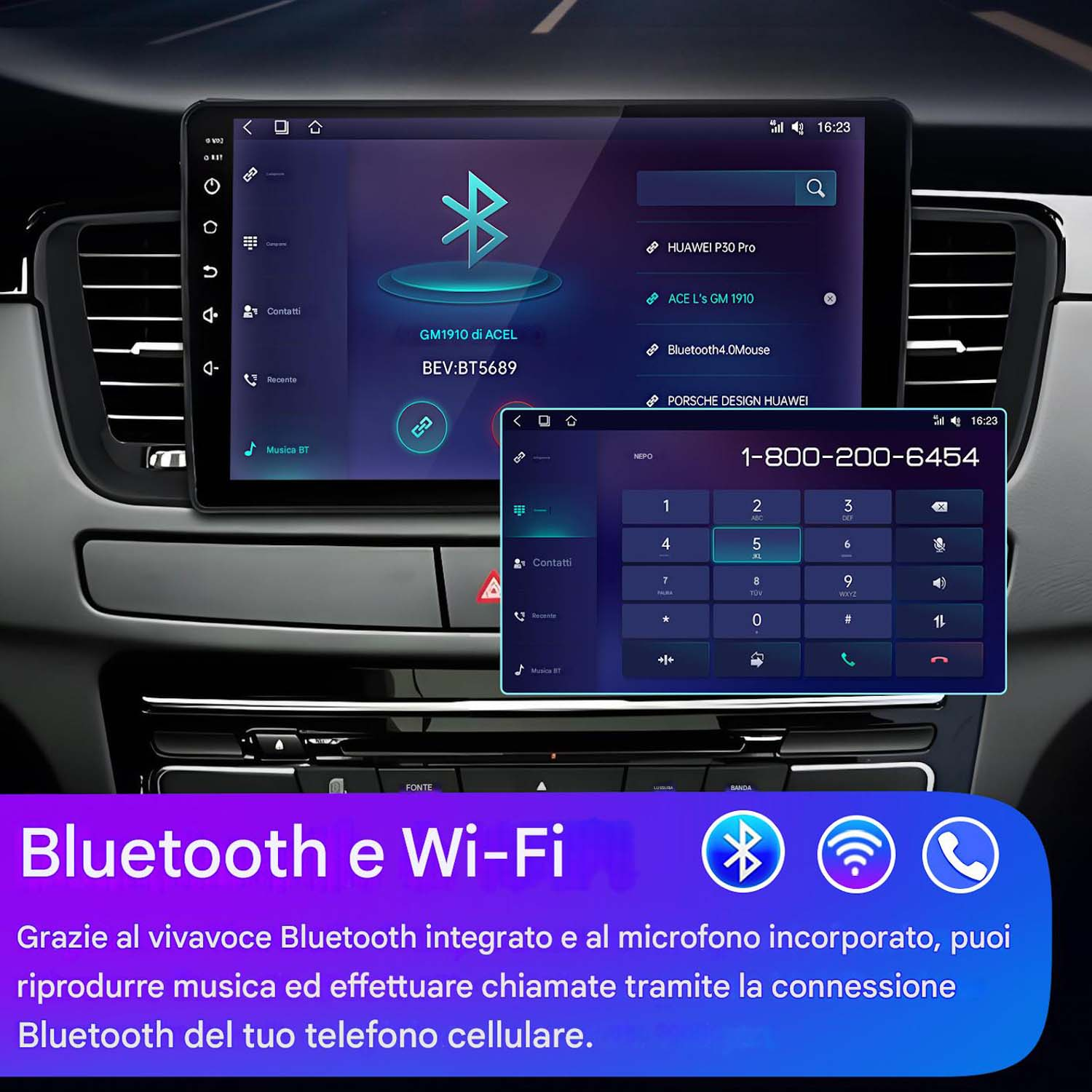 Schermo dell'autoradio che mostra una connessione Bluetooth, con varie icone e testo. Lo schermo è nel cruscotto di un'auto.