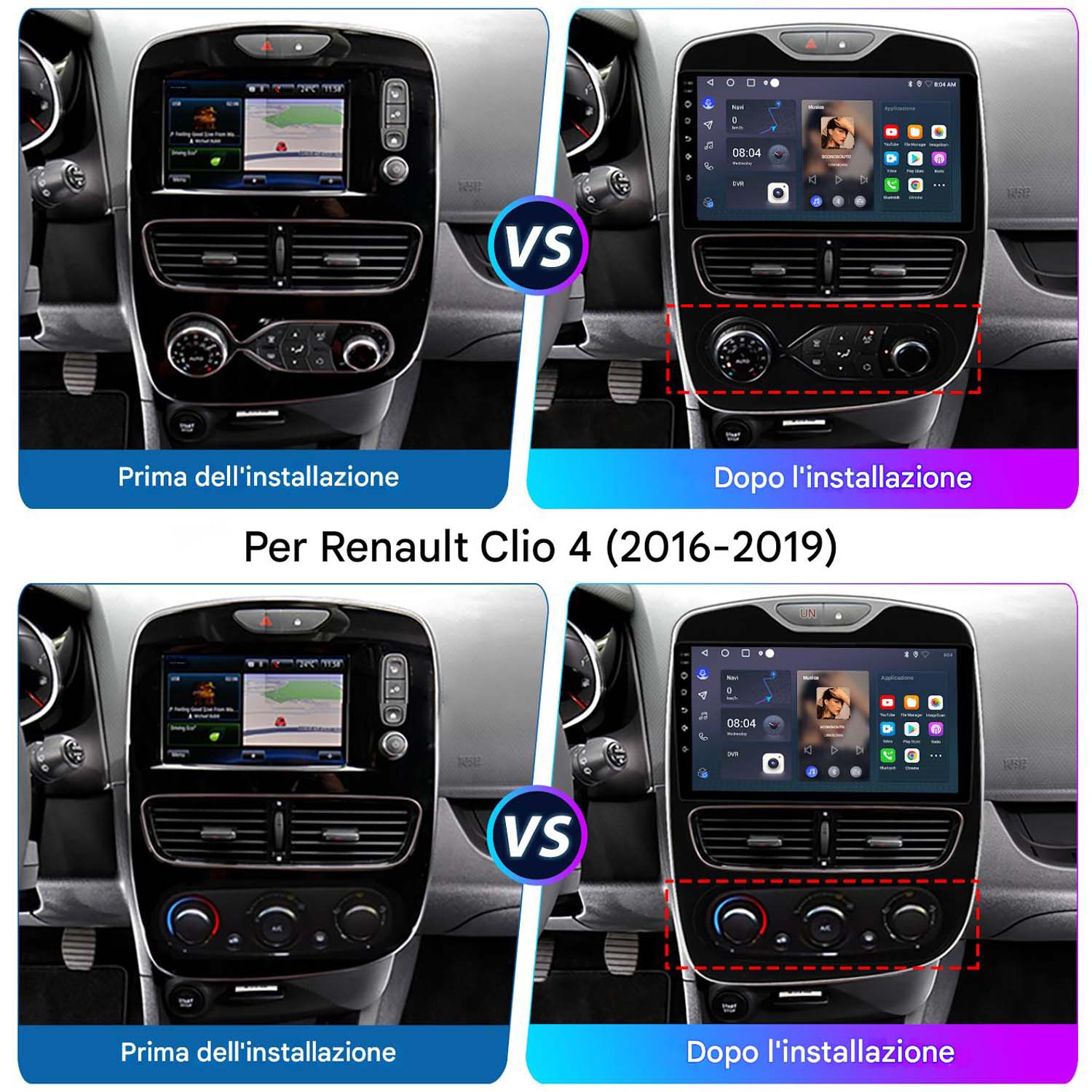 Immagini di confronto del cruscotto di un'auto prima e dopo l'installazione di un'autoradio, con testo in italiano.