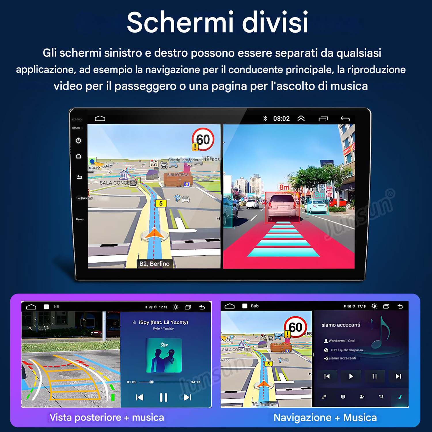 Schermo dell'autoradio che mostra schermo diviso con navigazione e musica. Lo schermo mostra la strada.