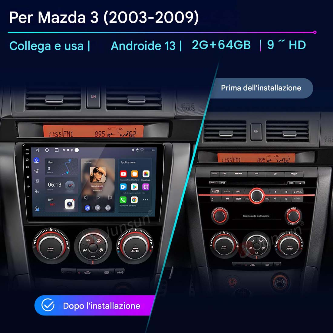 Cruscotto dell'auto con schermo che mostra un'interfaccia radio. Lo schermo mostra informazioni radio, navigazione e controlli musicali. Immagini di installazione.