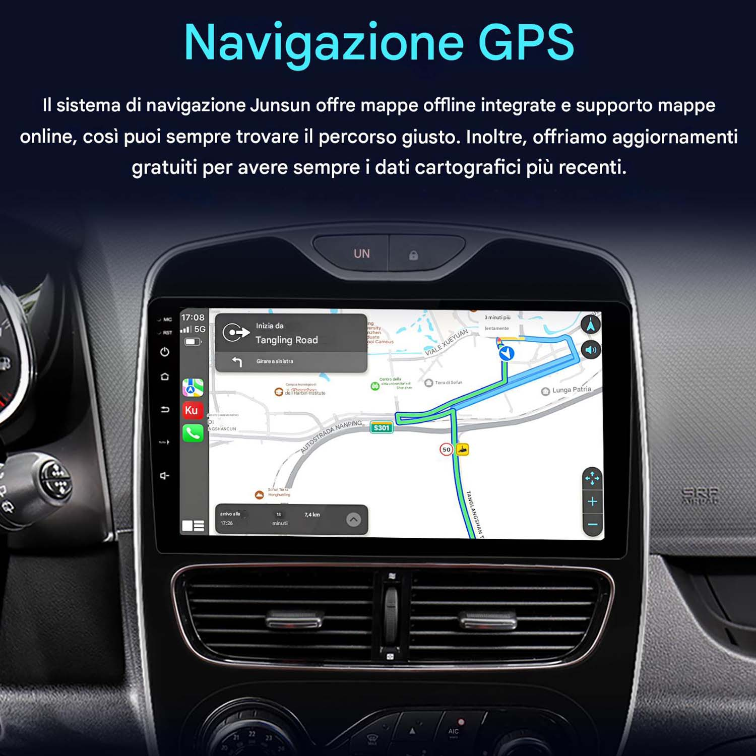 Schermo del cruscotto dell'auto che mostra una mappa di navigazione con indicazioni stradali.