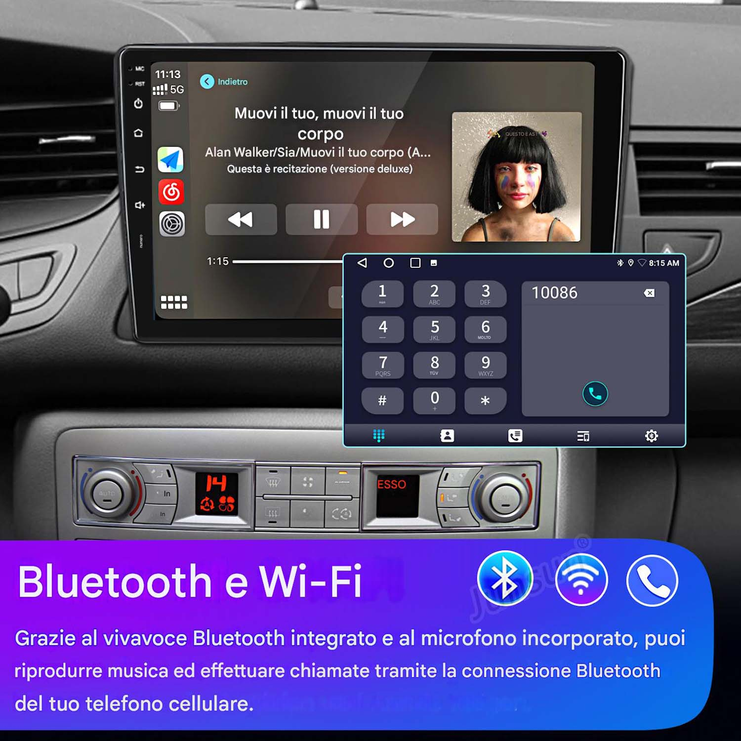 Schermo del cruscotto dell'auto che mostra la riproduzione musicale e un'interfaccia telefonica con tastierino numerico.