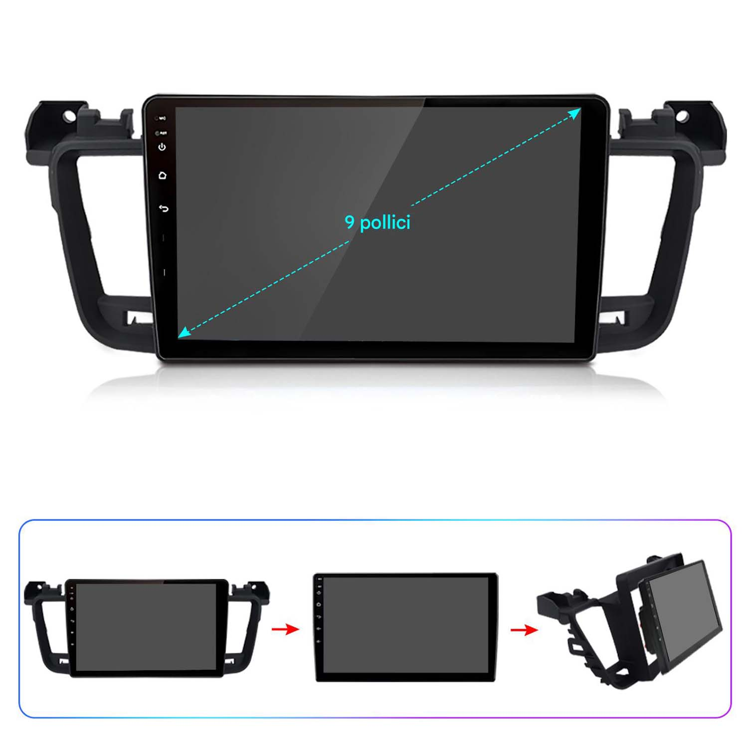 Un cruscotto per auto con un grande schermo, che mostra le dimensioni in pollici e con guide di installazione.
