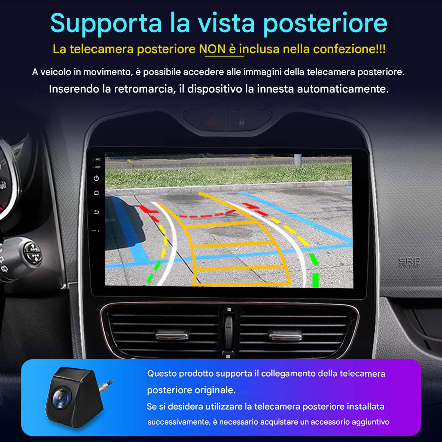 Cruscotto auto con schermo che mostra la vista della telecamera posteriore, con linee guida parcheggio e modulo telecamera.