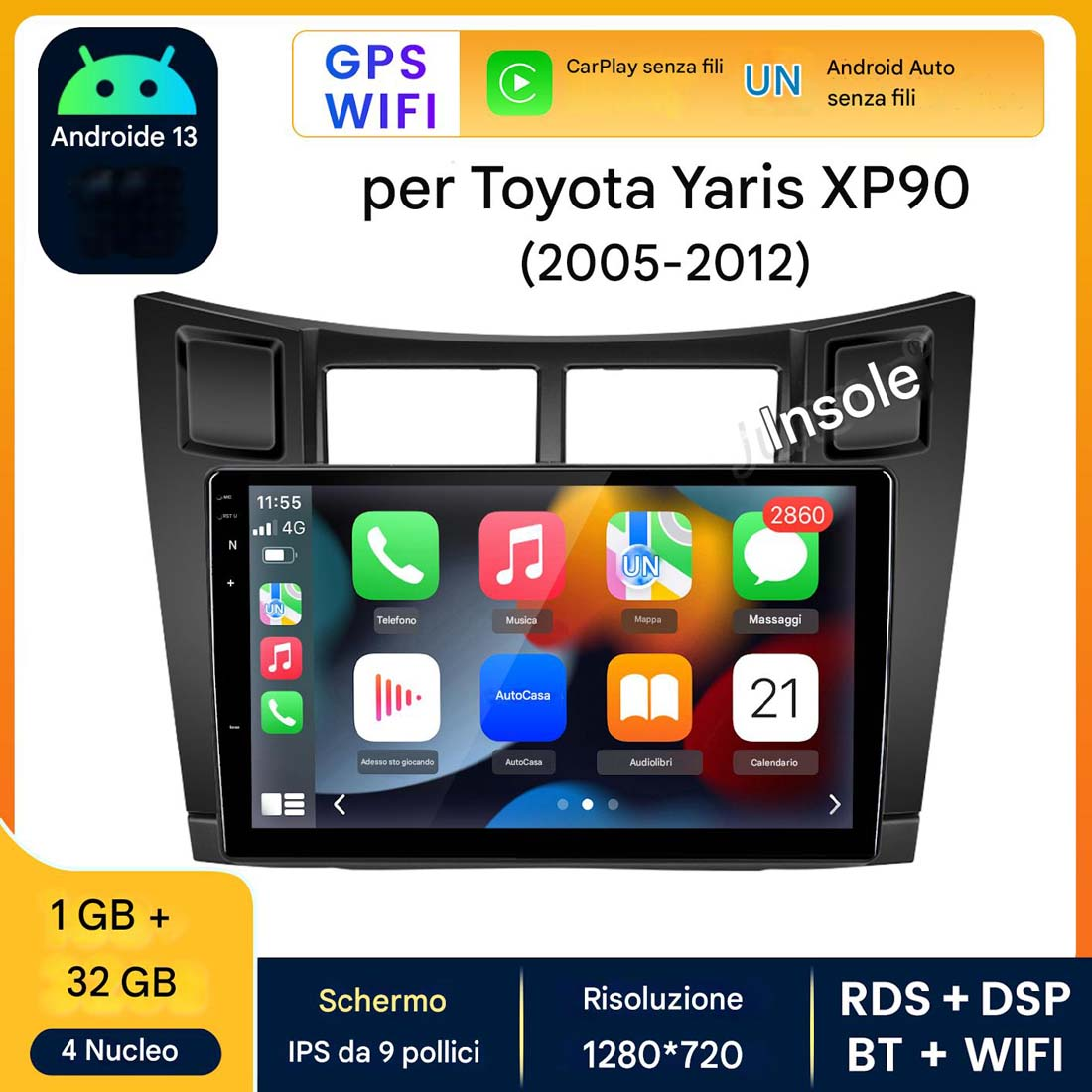 Schermo del cruscotto dell'auto con icone, che mostra Android Auto, GPS e Wi-Fi, con un'interfaccia telefonica.