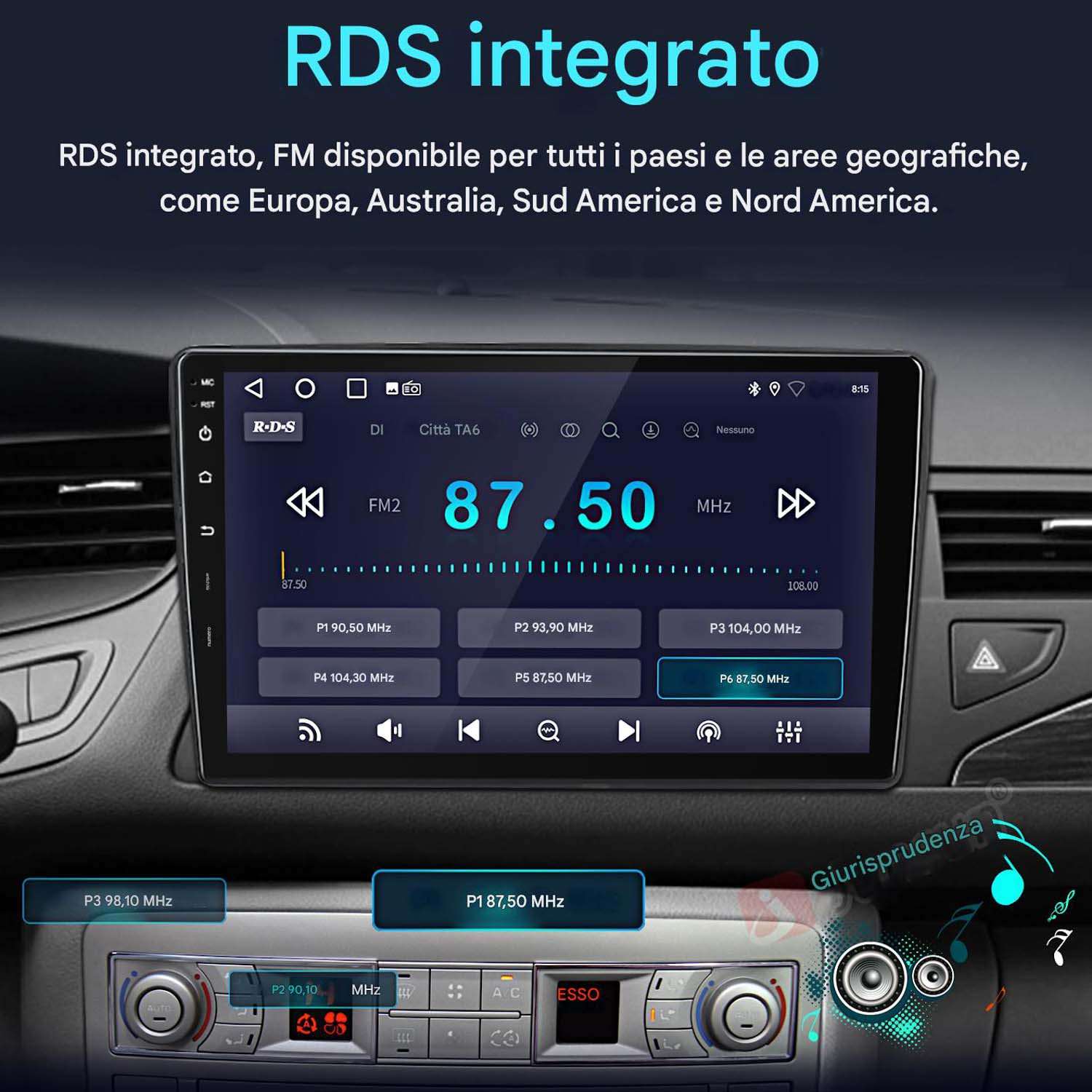 Schermo del cruscotto dell'auto che mostra un'interfaccia radio RDS integrata con informazioni sulle stazioni radio FM.