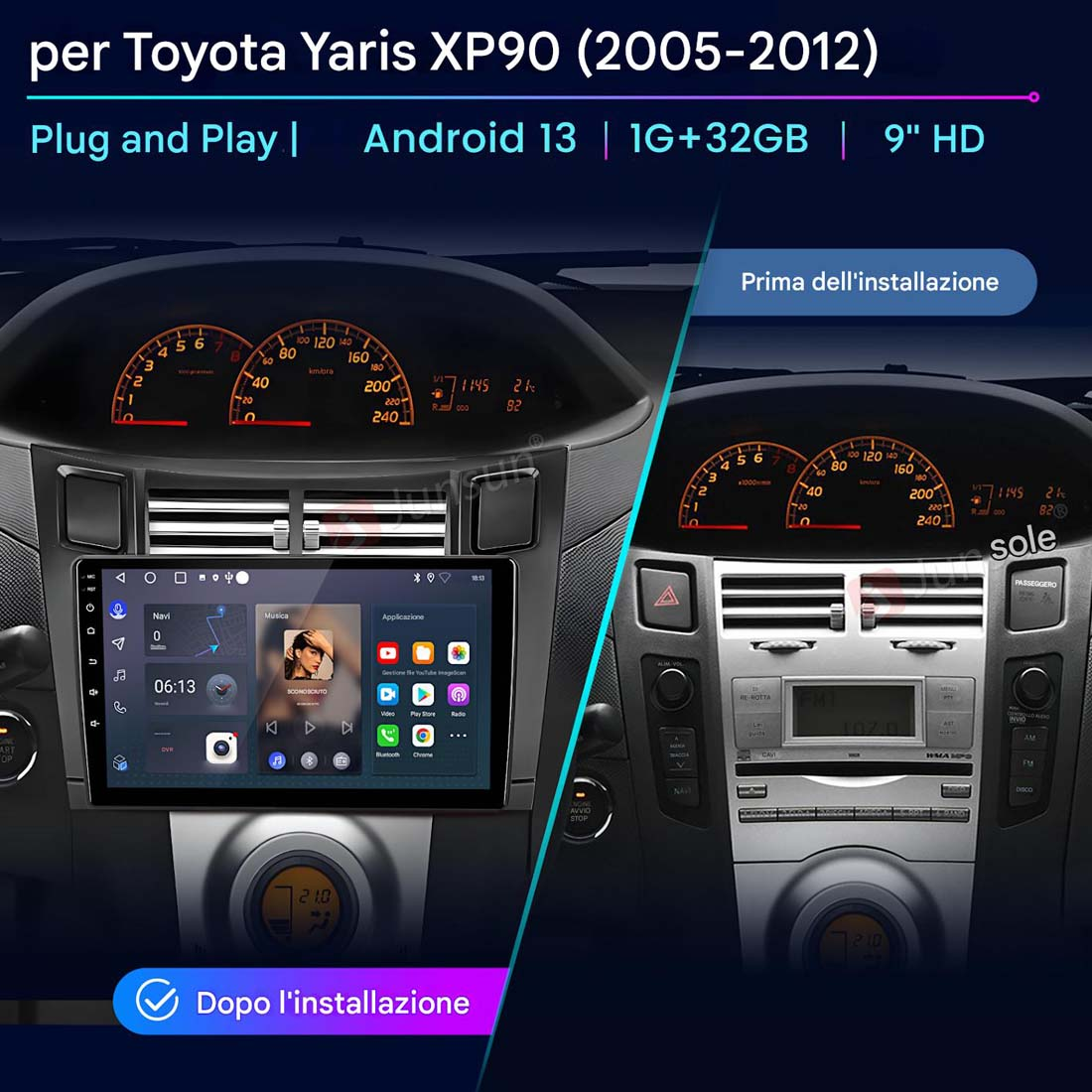 Cruscotto auto con schermo che mostra la vista installata e prima dell'installazione, con uno schermo di navigazione.