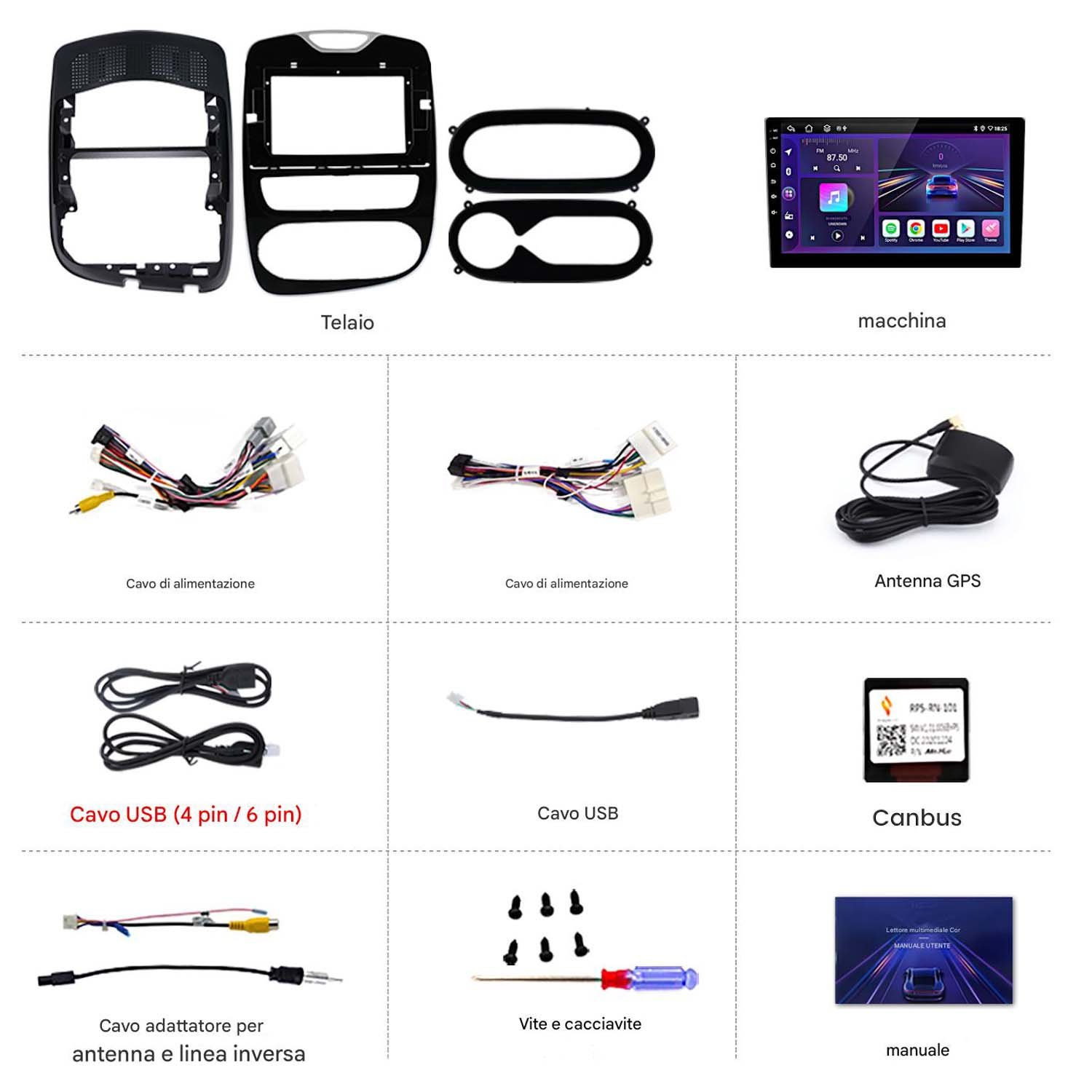 Una collezione di parti di autoradio, tra cui un telaio, cablaggio, antenna GPS e cavi USB.