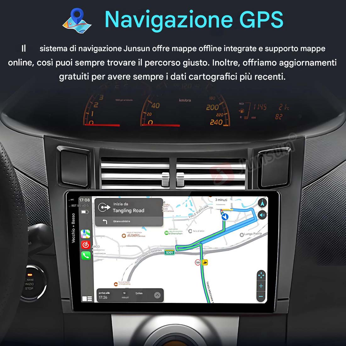 Il cruscotto dell'auto mostra una schermata di navigazione della mappa. Visualizza una mappa con dettagli del percorso e un tachimetro.