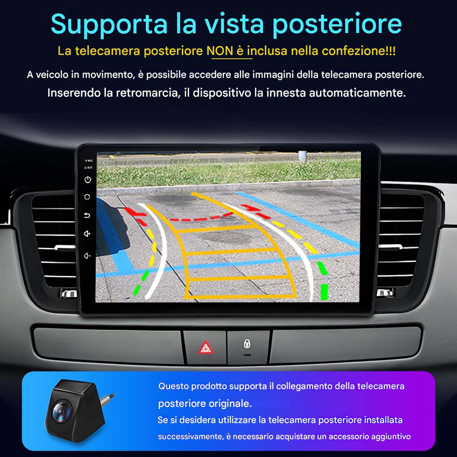 Un display del cruscotto dell'auto mostra la vista posteriore. Testo in italiano circonda lo schermo, con una piccola immagine della telecamera.