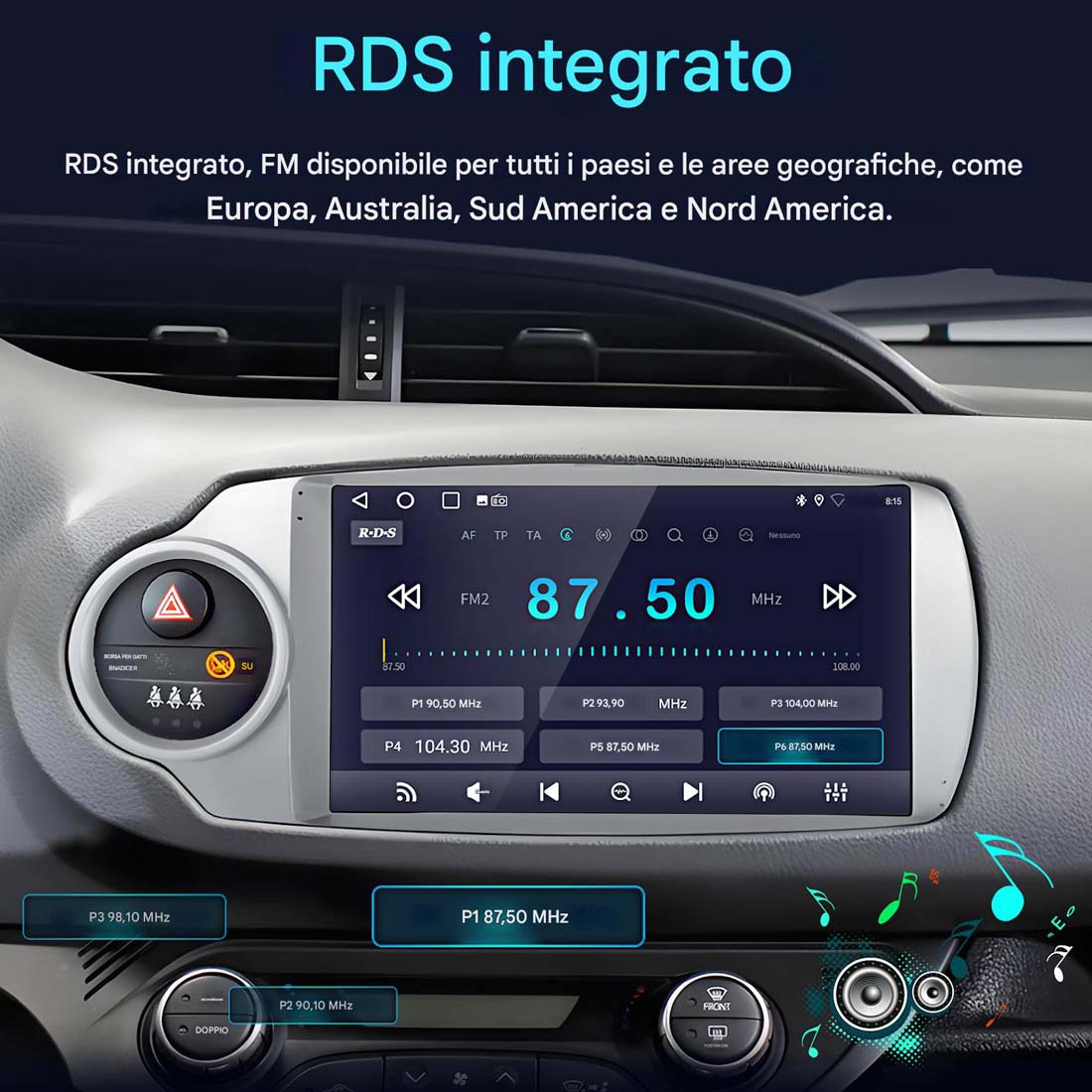 Cruscotto auto con schermo che mostra informazioni radio. Lo schermo mostra frequenze e dettagli RDS.