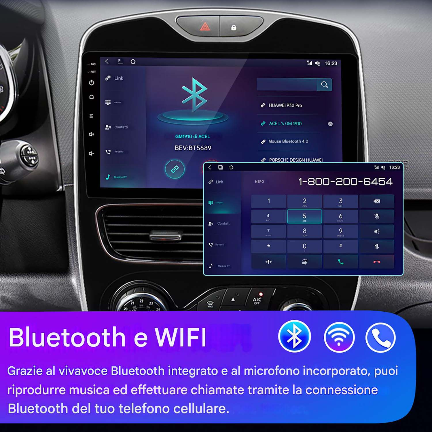 Un cruscotto auto mostra uno schermo con funzioni Bluetooth e WiFi. Viene visualizzata anche una tastiera telefonica.