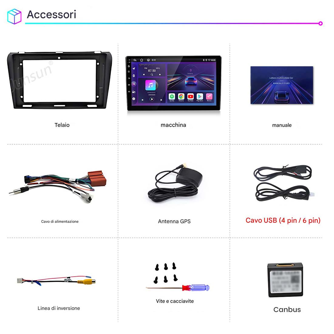 Accessori: Telaio autoradio, schermo, manuale, cavo di alimentazione, antenna GPS, cavo USB, linea di retromarcia, viti e Canbus.