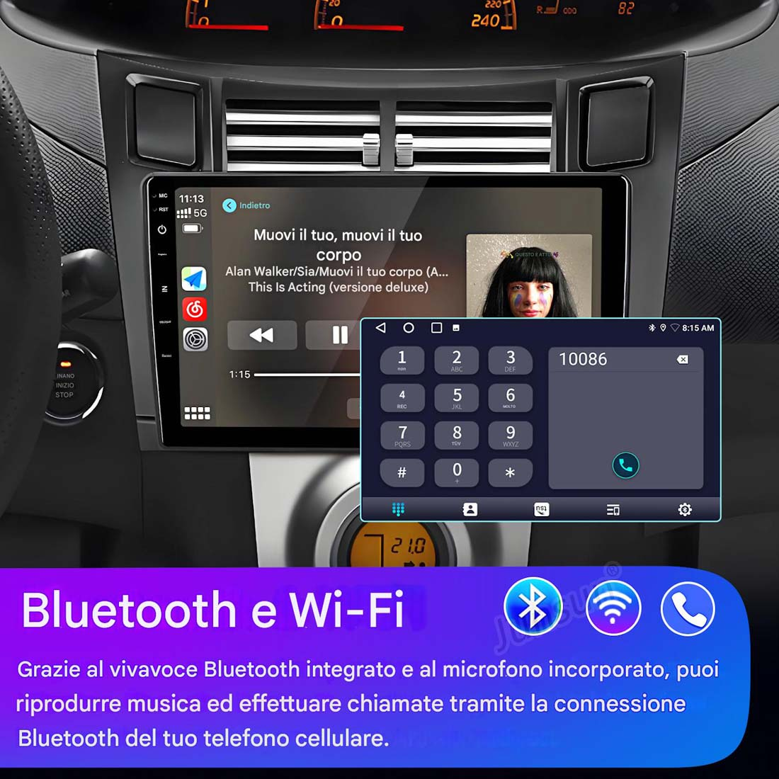 Cruscotto auto con schermo che mostra musica e tastierino. Icone Bluetooth e Wi-Fi in basso.