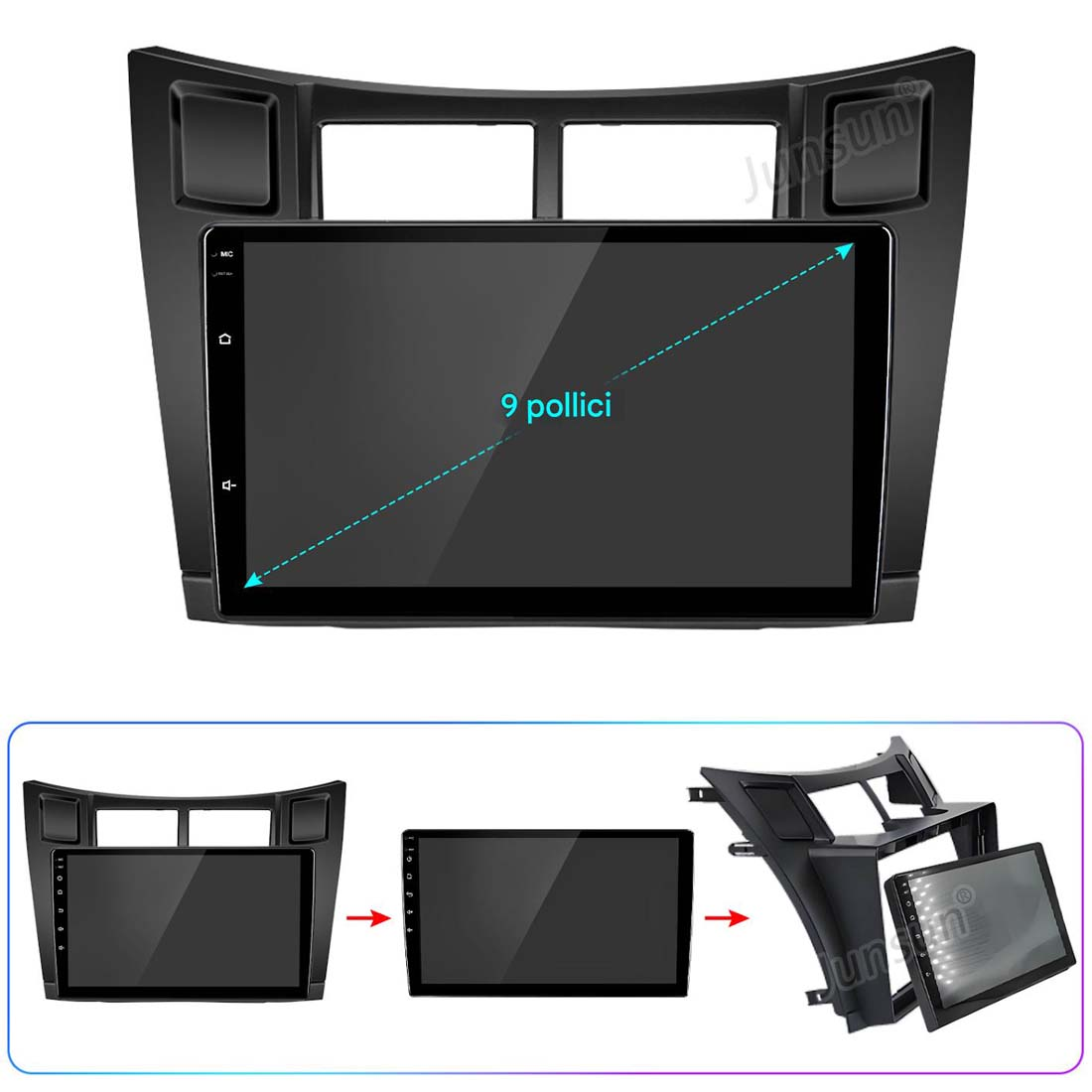 Schermo dell'autoradio con display da 9 pollici, più tre viste di installazione.