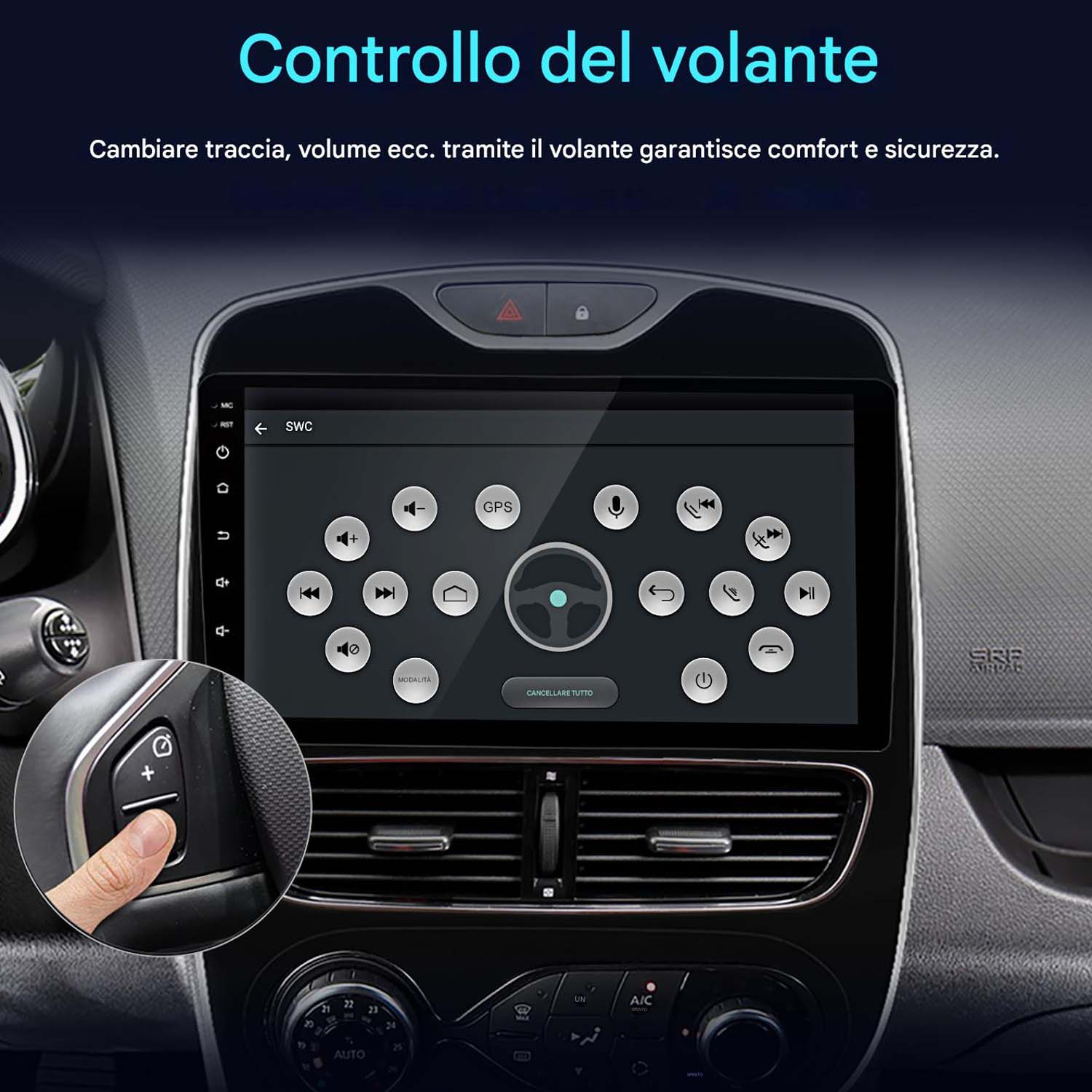 Schermo dell'autoradio con opzioni di controllo al volante, un dito che preme un pulsante sul volante.