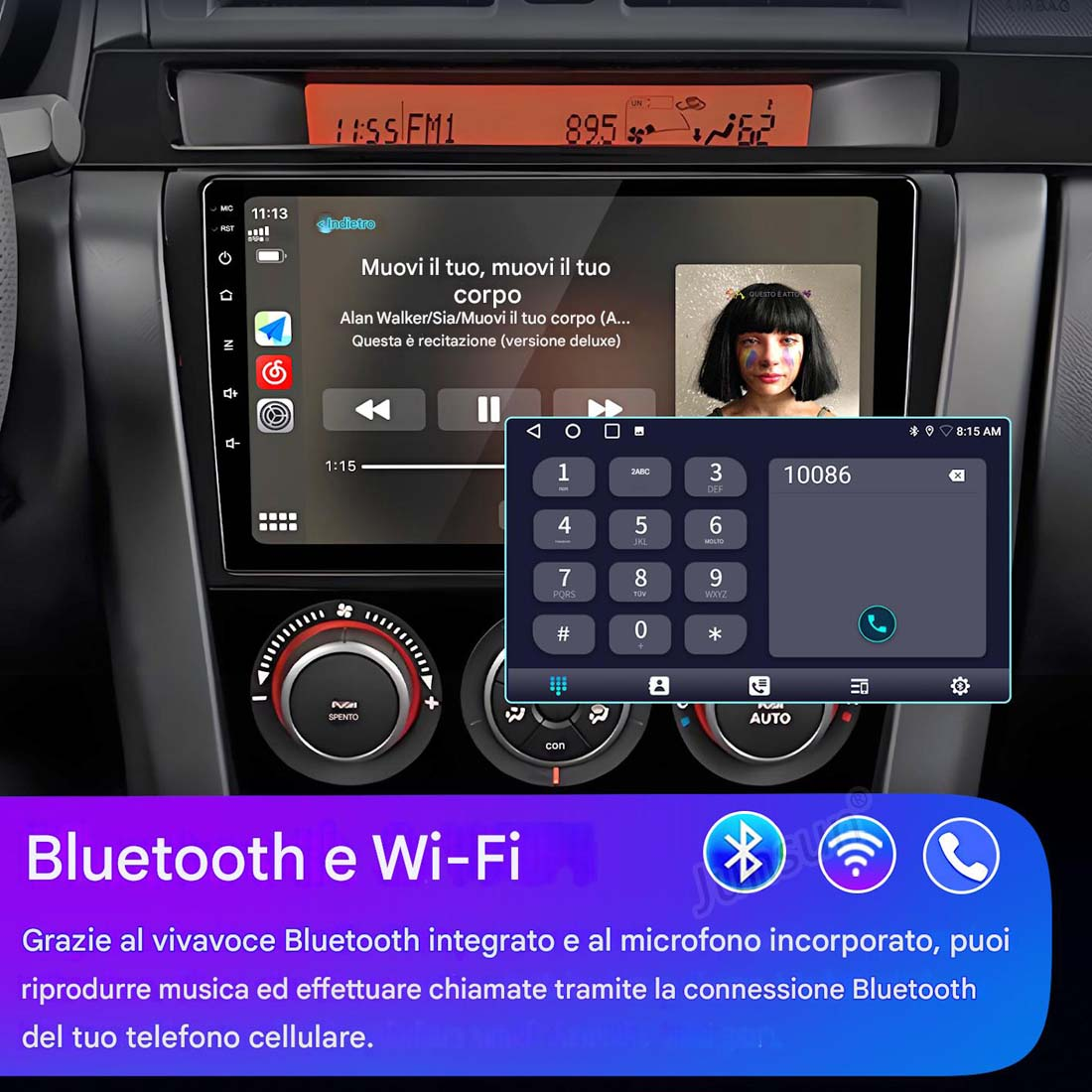 Autoradio con funzioni Bluetooth e Wi-Fi, che mostra una donna sullo schermo, tastierino del telefono.