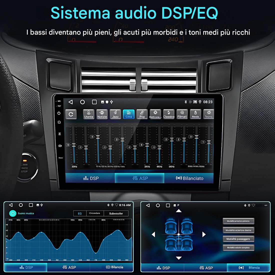 Autoradio con interfaccia DSP/EQ, che mostra le impostazioni dell'equalizzatore e il display radio.