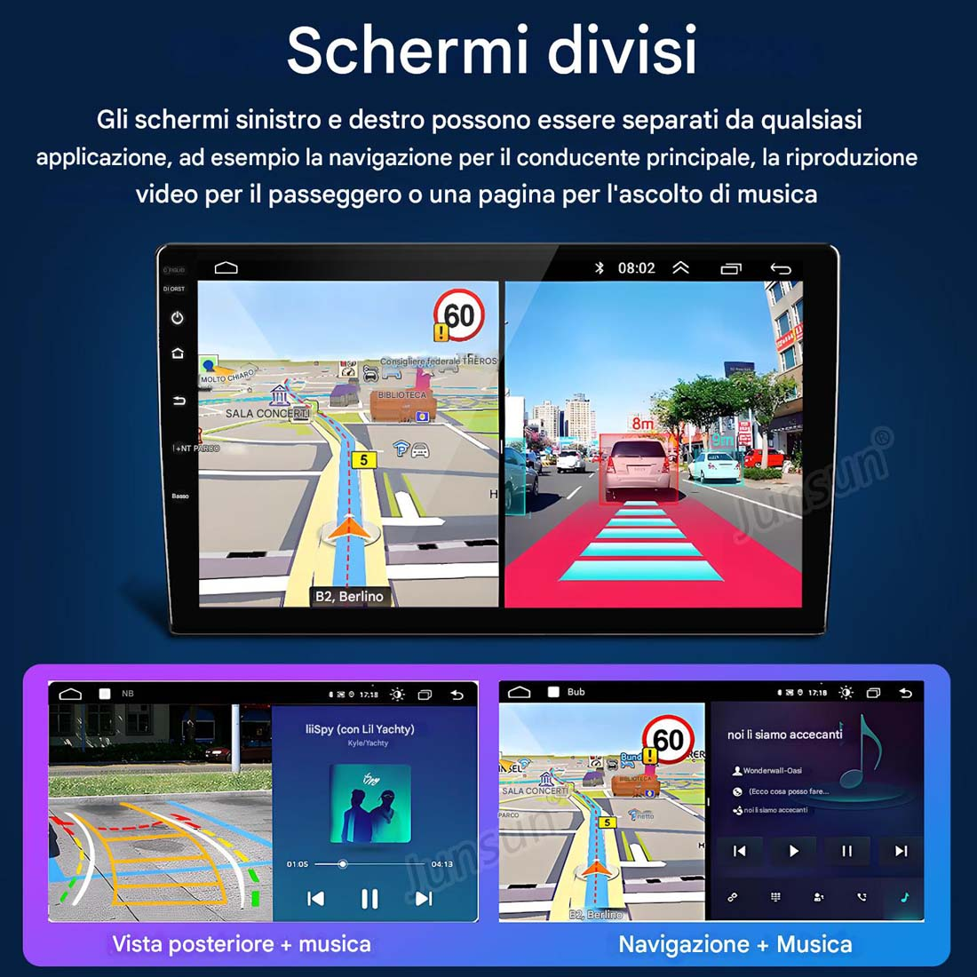 Display dell'auto che mostra schermi divisi per la navigazione e la musica, più opzioni di vista posteriore e musica.