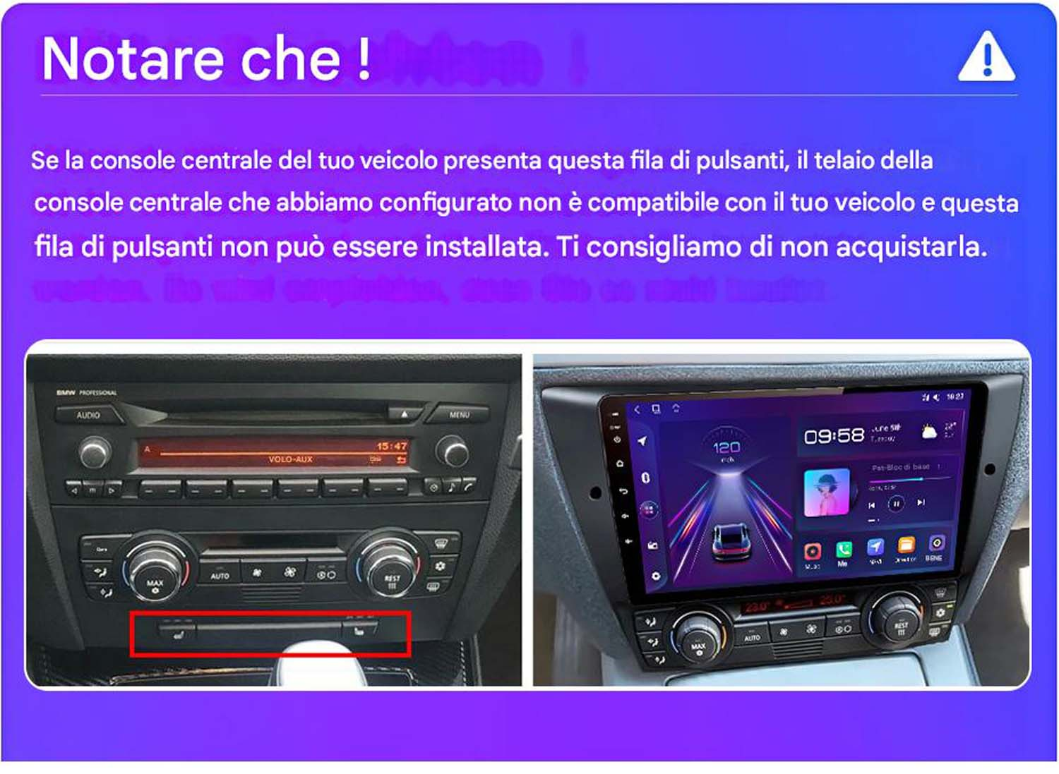 Due console per auto affiancate. Una con pulsanti, l'altra con uno schermo.