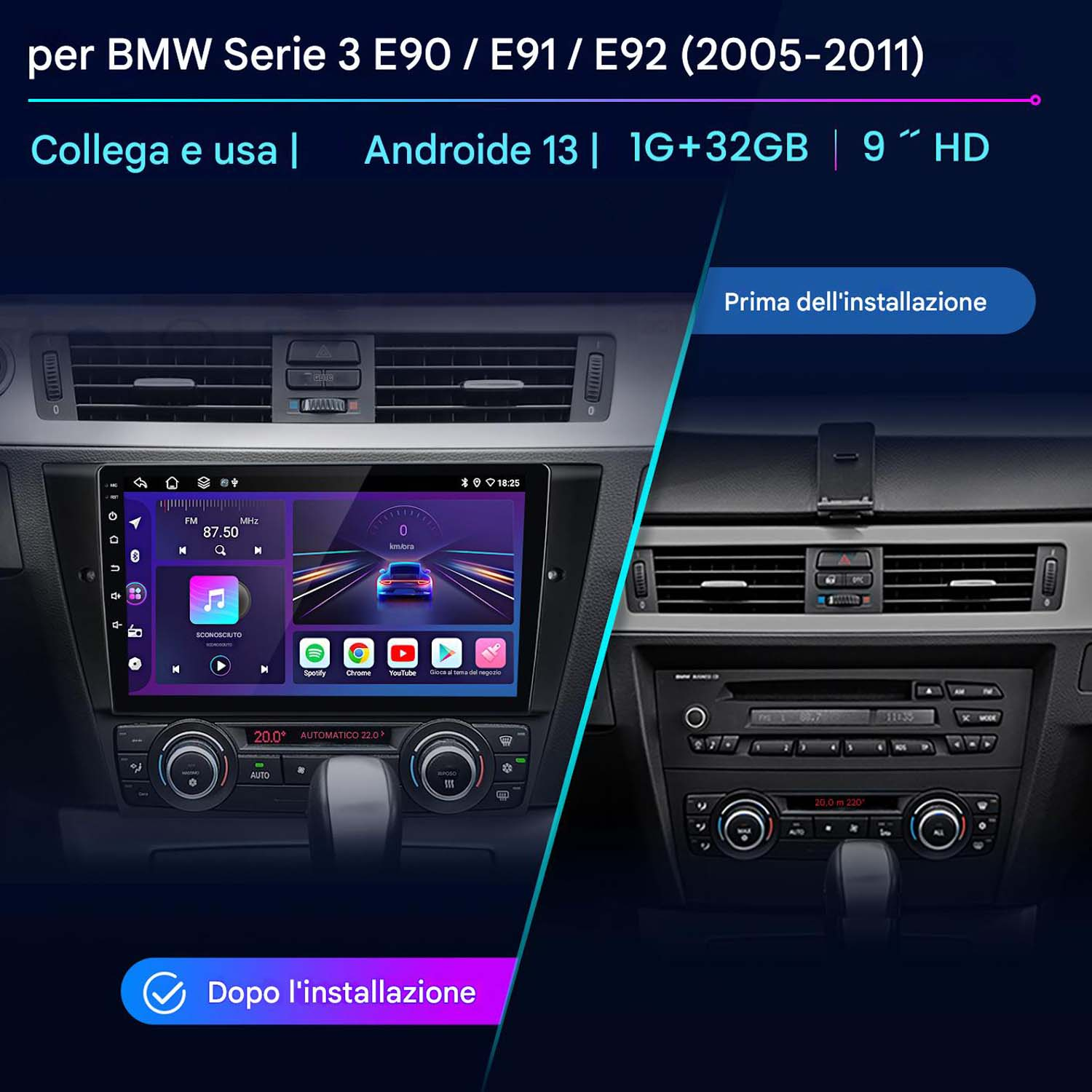 Autoradio installata nel cruscotto di un'auto, confrontando il prima e il dopo l'installazione.