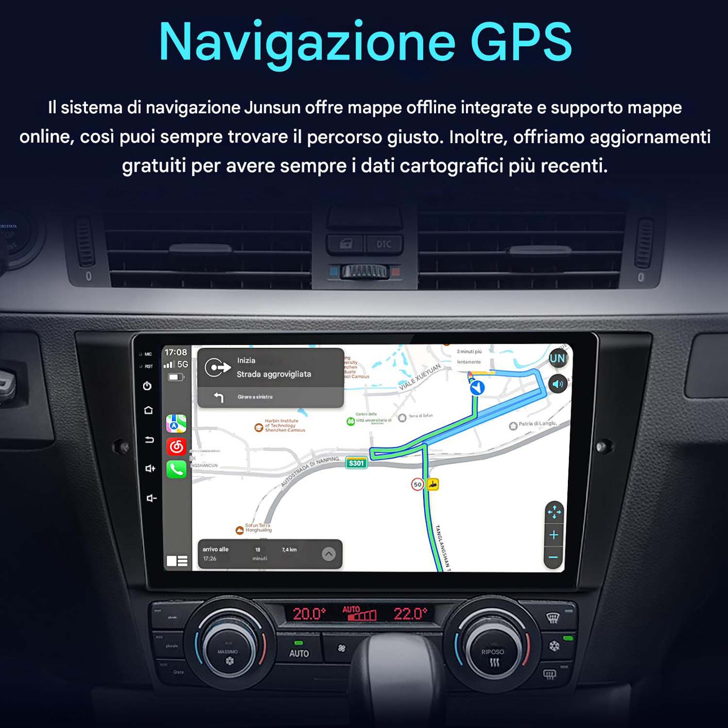 Schermo dell'autoradio che mostra un'interfaccia di navigazione GPS con una mappa.