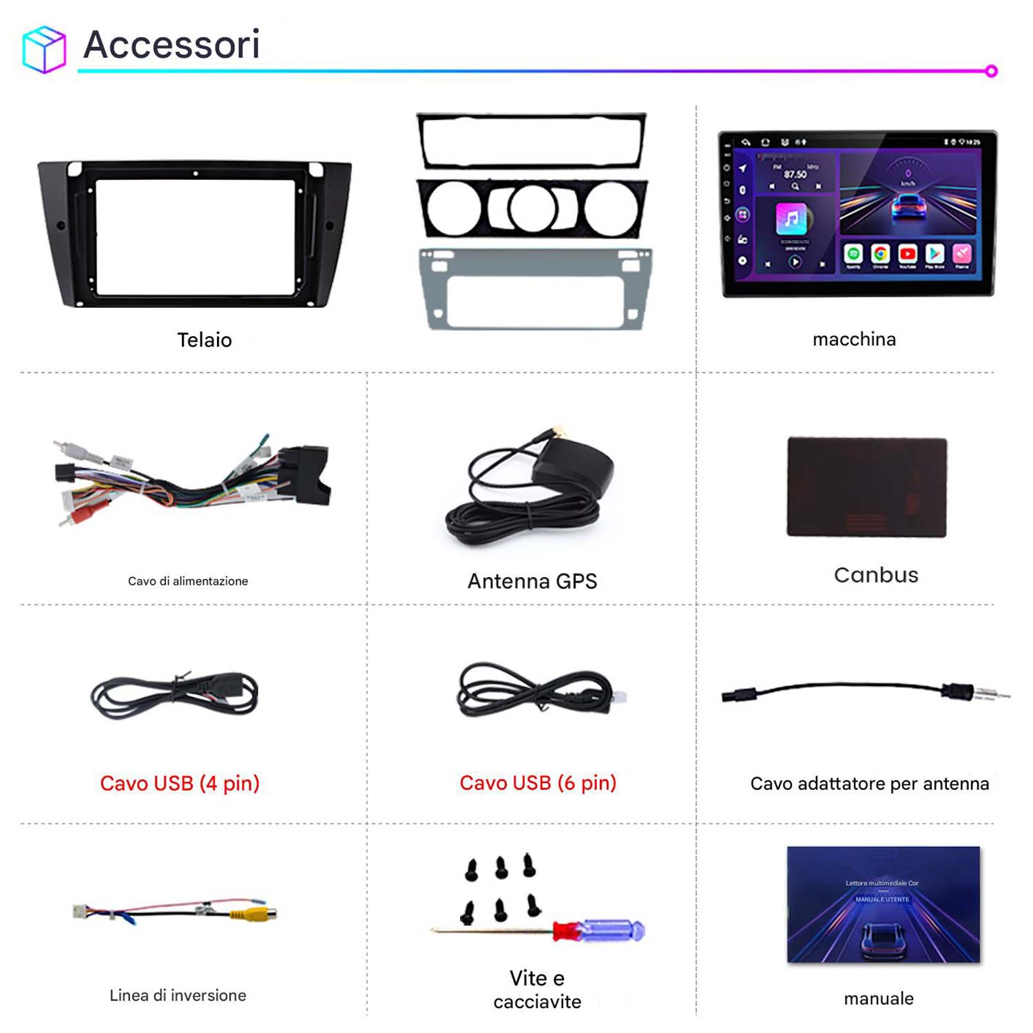 Vari accessori per autoradio, tra cui cablaggio, antenna GPS, cavi USB e un manuale.